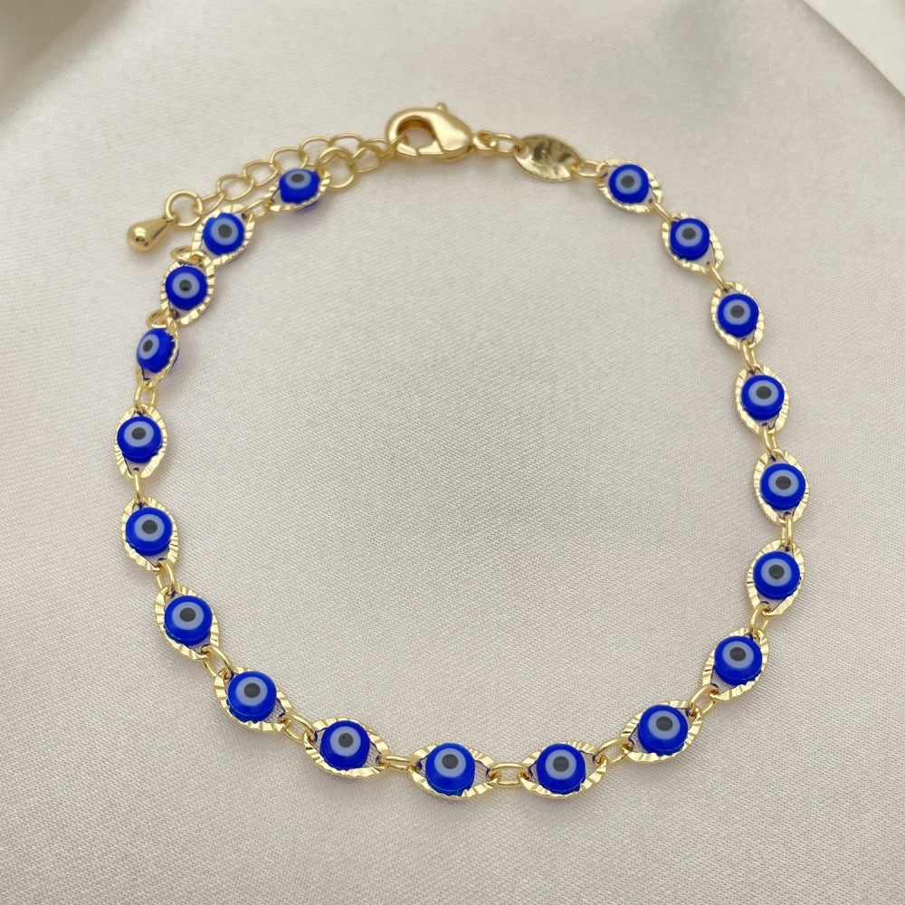 Oro Laminado Fancy Bracelet, Gold Filled Style Evil Eye Design, Blue Resin Finish, Golden Finish
