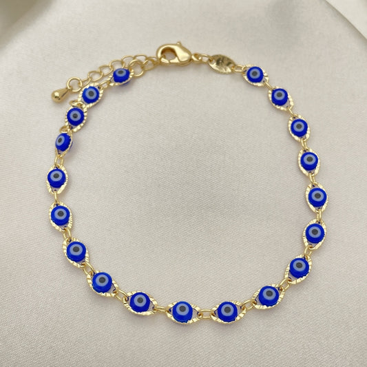 Oro Laminado Fancy Bracelet, Gold Filled Style Evil Eye Design, Blue Resin Finish, Golden Finish