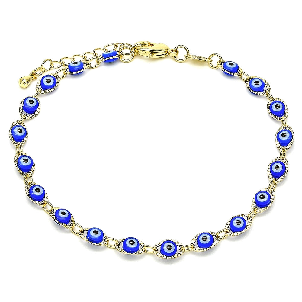 Oro Laminado Fancy Bracelet, Gold Filled Style Evil Eye Design, Blue Resin Finish, Golden Finish
