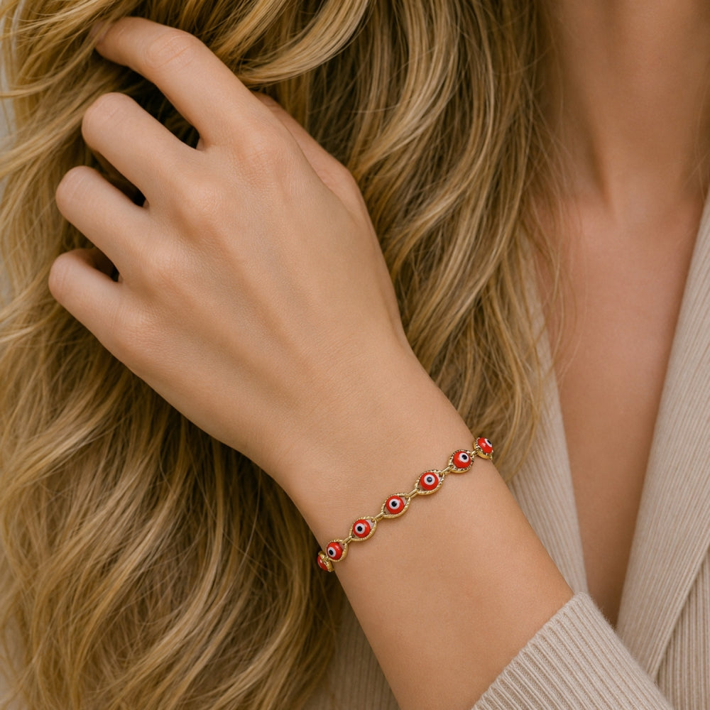Oro Laminado Fancy Bracelet, Gold Filled Style Evil Eye Design, Red Resin Finish, Golden Finish