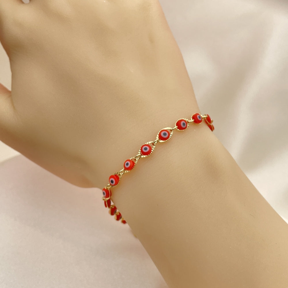 Oro Laminado Fancy Bracelet, Gold Filled Style Evil Eye Design, Red Resin Finish, Golden Finish