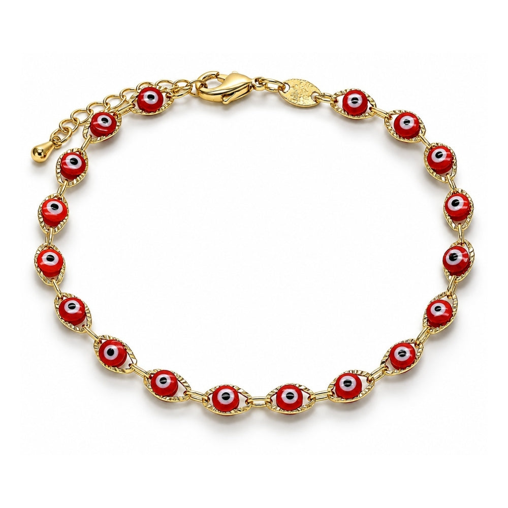 Oro Laminado Fancy Bracelet, Gold Filled Style Evil Eye Design, Red Resin Finish, Golden Finish