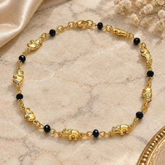 Oro Laminado Fancy Bracelet, Gold Filled Style Elephant and Ball Design, with Black Azavache, Polished, Golden Finish