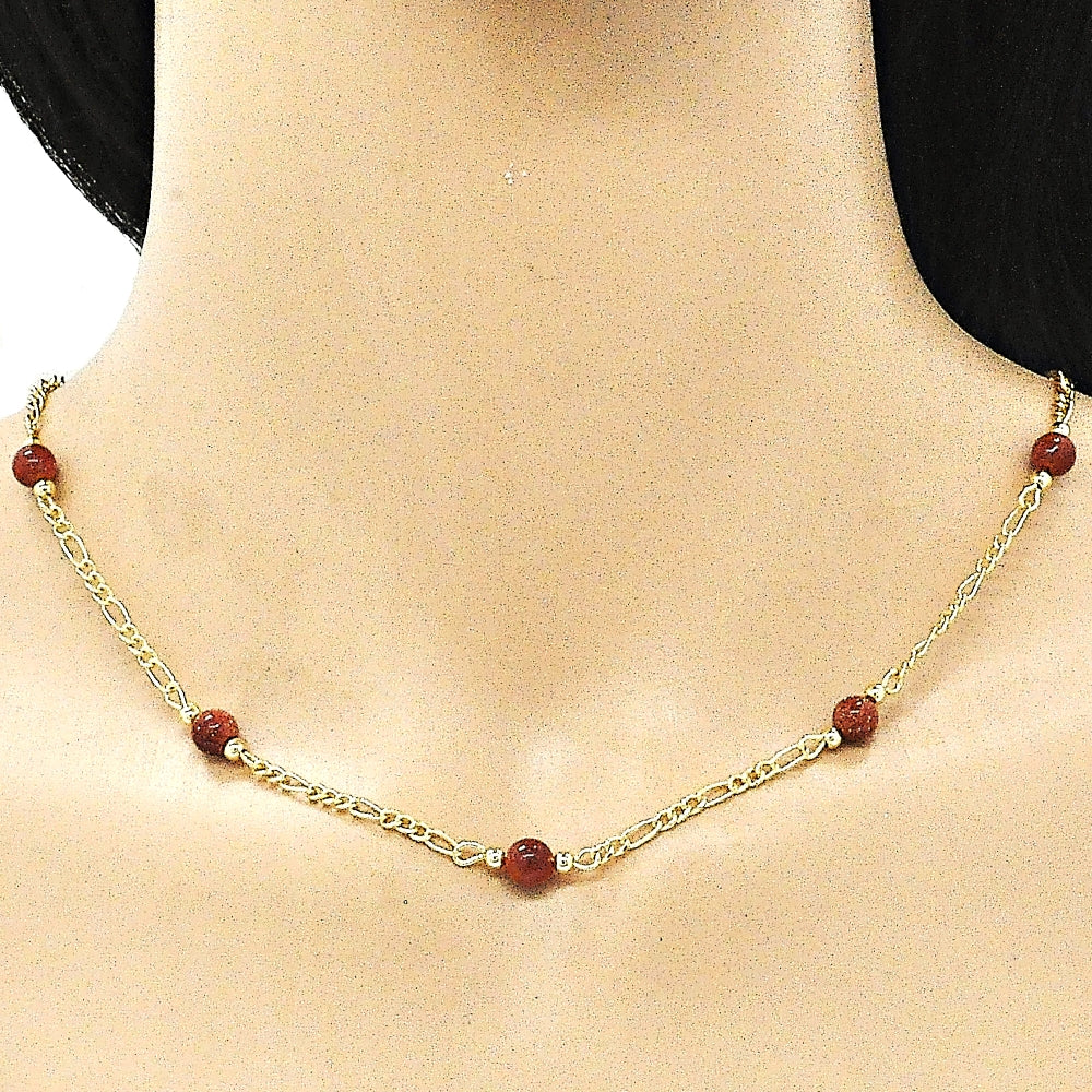 Oro Laminado Fancy Necklace, Gold Filled Style Ball Design, with Brown Goldstone Venturina, Polished, Golden Finish