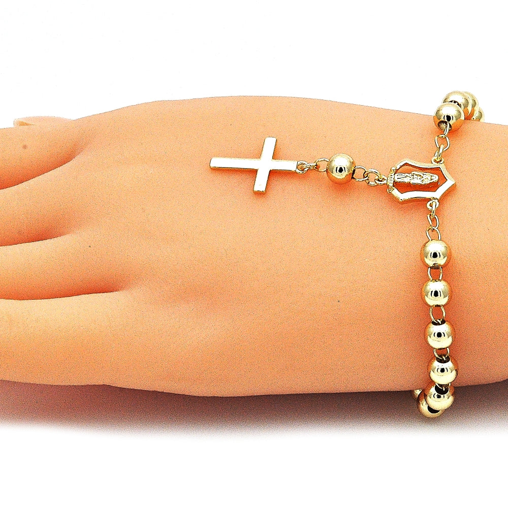 Oro Laminado Bracelet Rosary, Gold Filled Style Guadalupe and Cross Design, Polished, Golden Finish