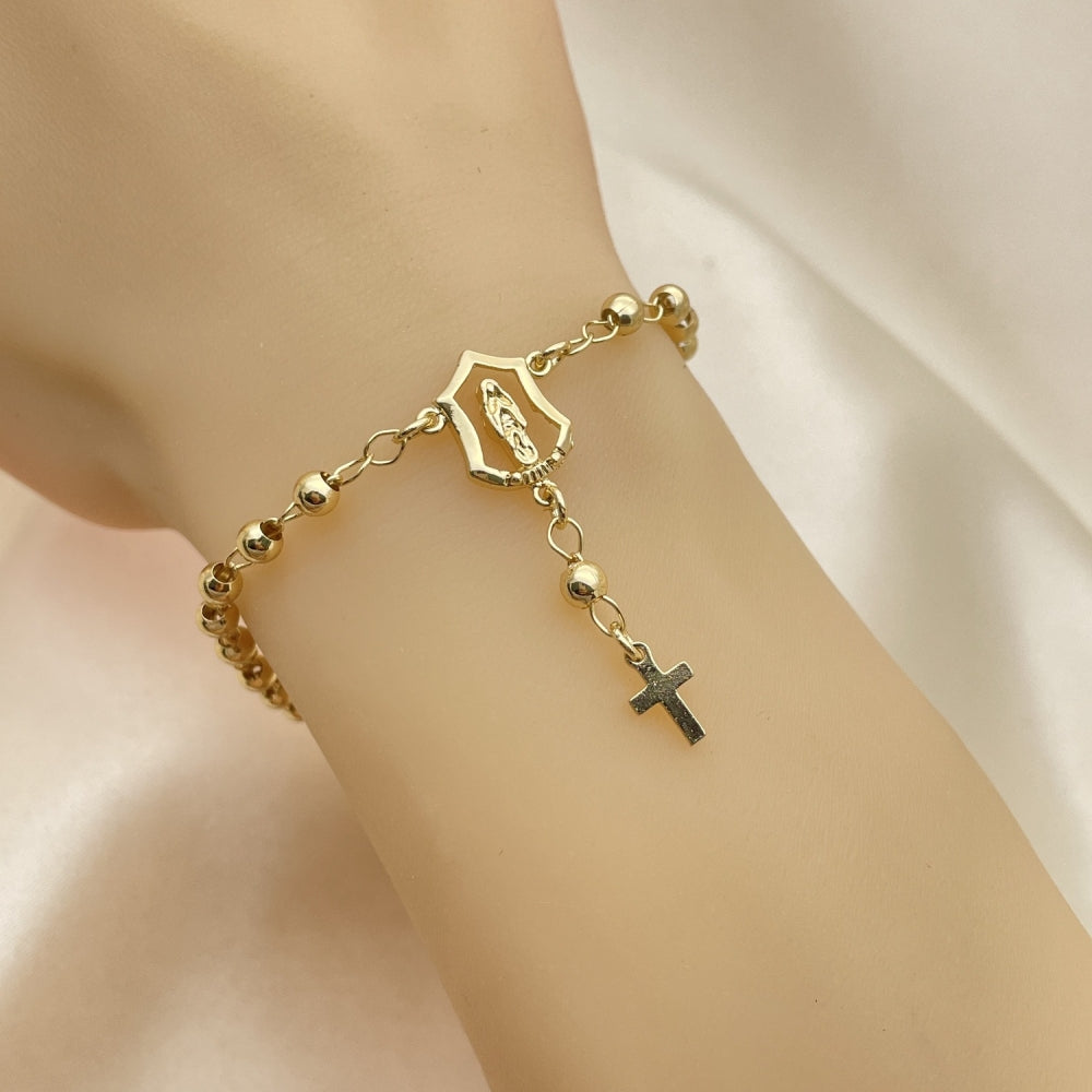 Oro Laminado Bracelet Rosary, Gold Filled Style Guadalupe and Cross Design, Polished, Golden Finish