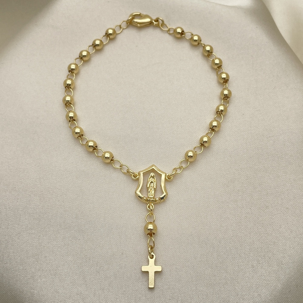 Oro Laminado Bracelet Rosary, Gold Filled Style Guadalupe and Cross Design, Polished, Golden Finish