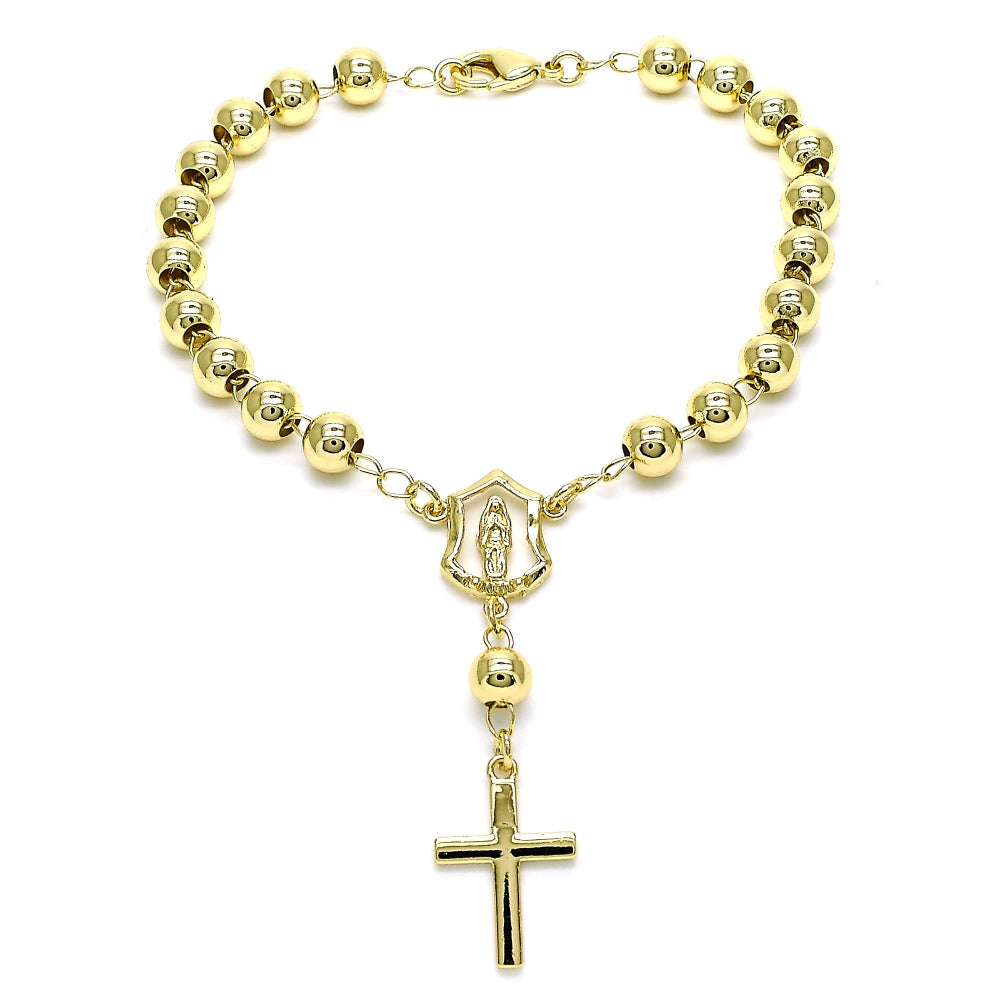 Oro Laminado Bracelet Rosary, Gold Filled Style Guadalupe and Cross Design, Polished, Golden Finish