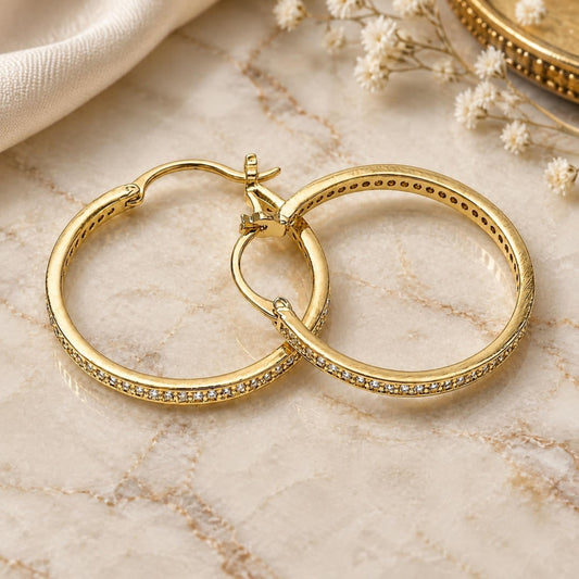 Oro Laminado Medium Hoop, Gold Filled Style with White Micro Pave, Polished, Golden Finish