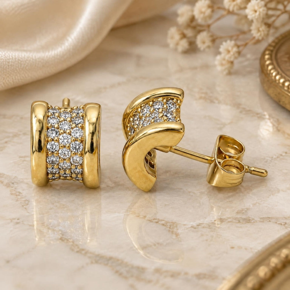 Oro Laminado Stud Earring, Gold Filled Style with White Micro Pave, Polished, Golden Finish