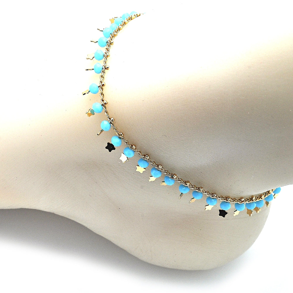 Oro Laminado Charm Anklet , Gold Filled Style Star Design, with Turquoise Crystal, Polished, Golden Finish