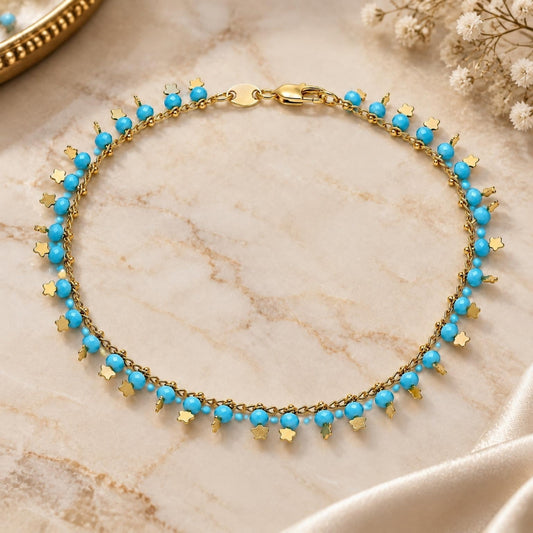Oro Laminado Charm Anklet , Gold Filled Style Star Design, with Turquoise Crystal, Polished, Golden Finish