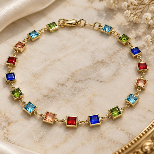 Oro Laminado Fancy Anklet, Gold Filled Style with Multicolor Cubic Zirconia, Polished, Golden Finish