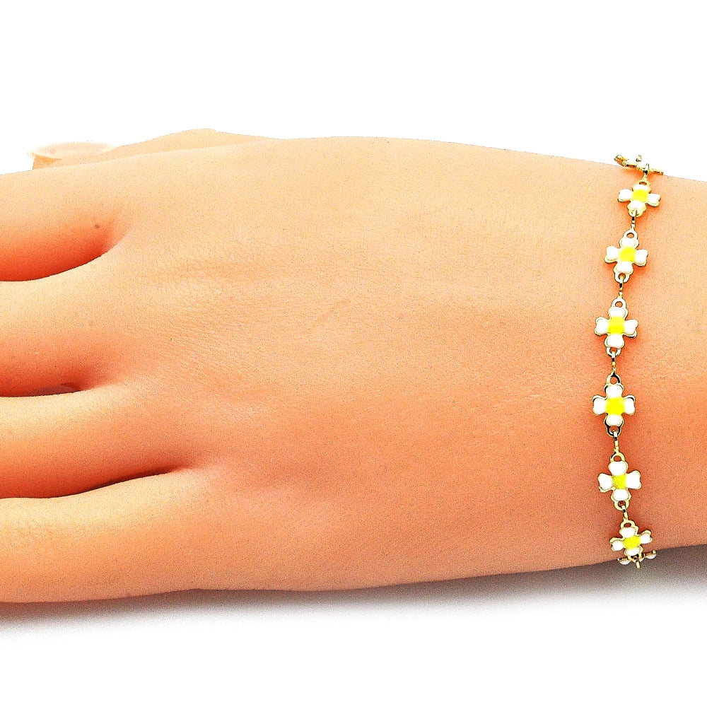 Oro Laminado Fancy Bracelet, Gold Filled Style Four-leaf Clover Design, White Enamel Finish, Golden Finish