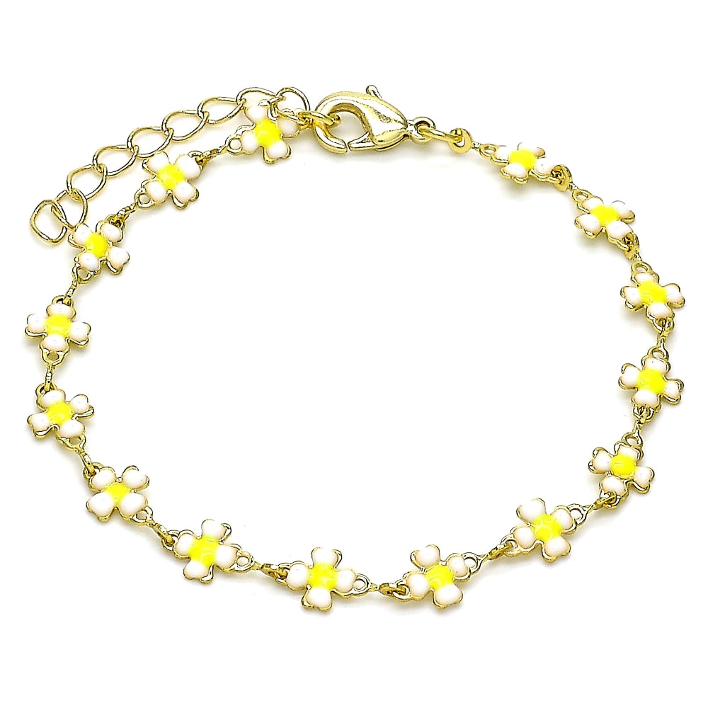 Oro Laminado Fancy Bracelet, Gold Filled Style Four-leaf Clover Design, White Enamel Finish, Golden Finish