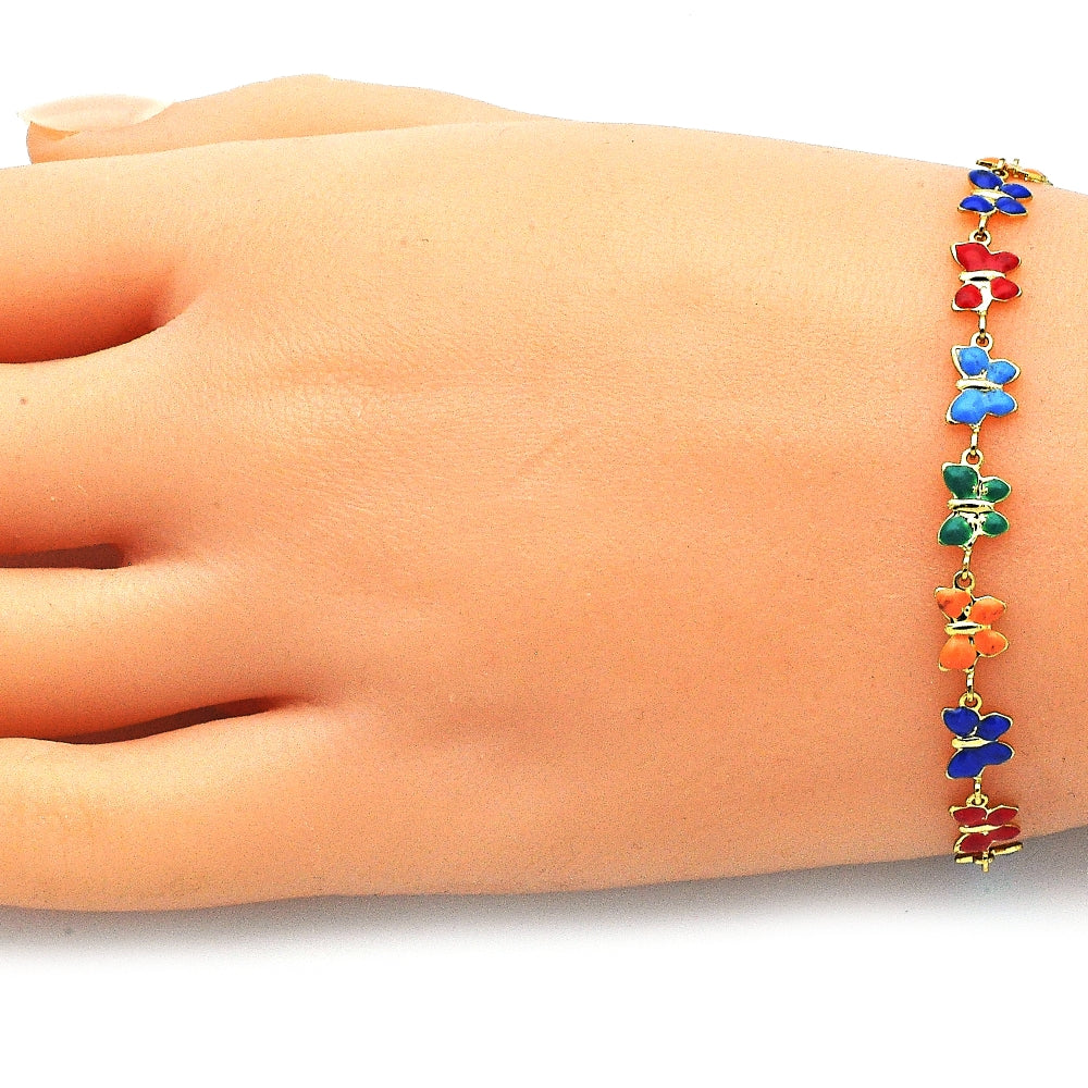 Oro Laminado Fancy Bracelet, Gold Filled Style Butterfly Design, Multicolor Enamel Finish, Golden Finish