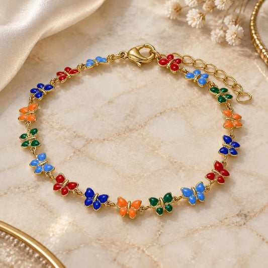 Oro Laminado Fancy Bracelet, Gold Filled Style Butterfly Design, Multicolor Enamel Finish, Golden Finish