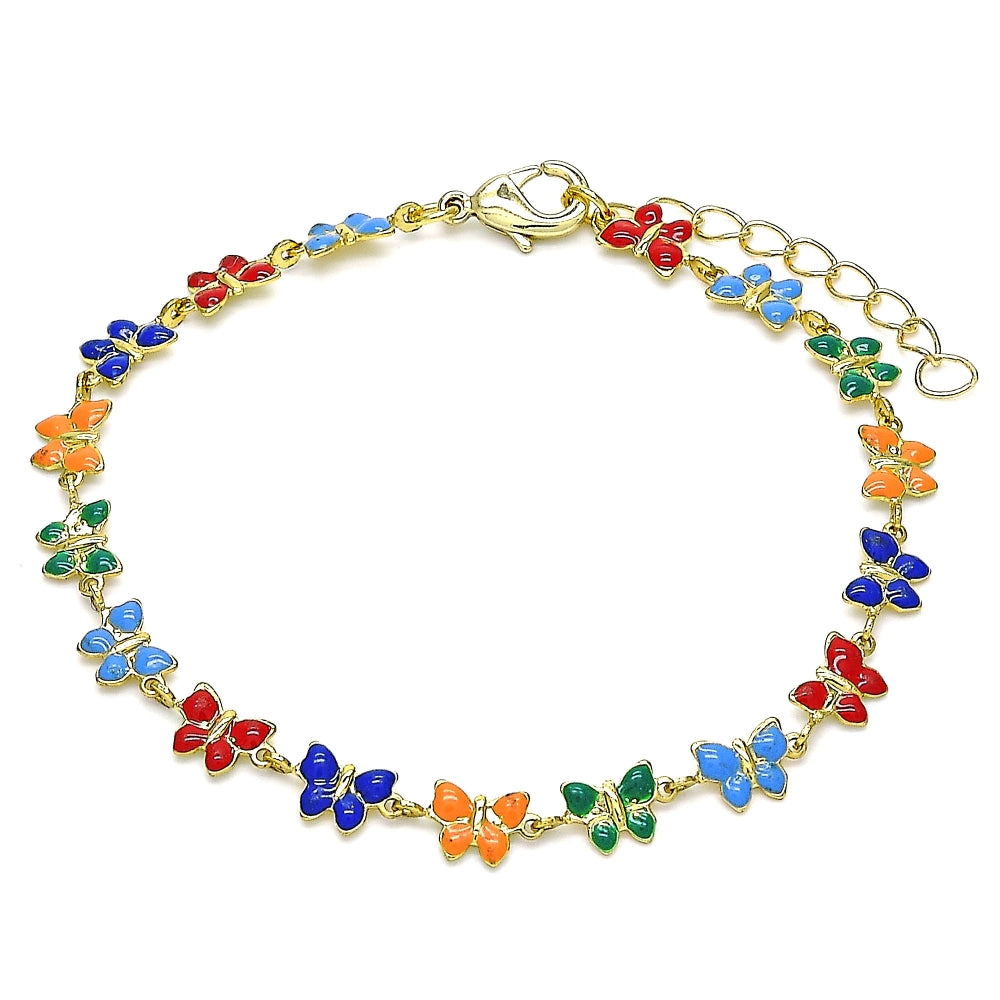Oro Laminado Fancy Bracelet, Gold Filled Style Butterfly Design, Multicolor Enamel Finish, Golden Finish