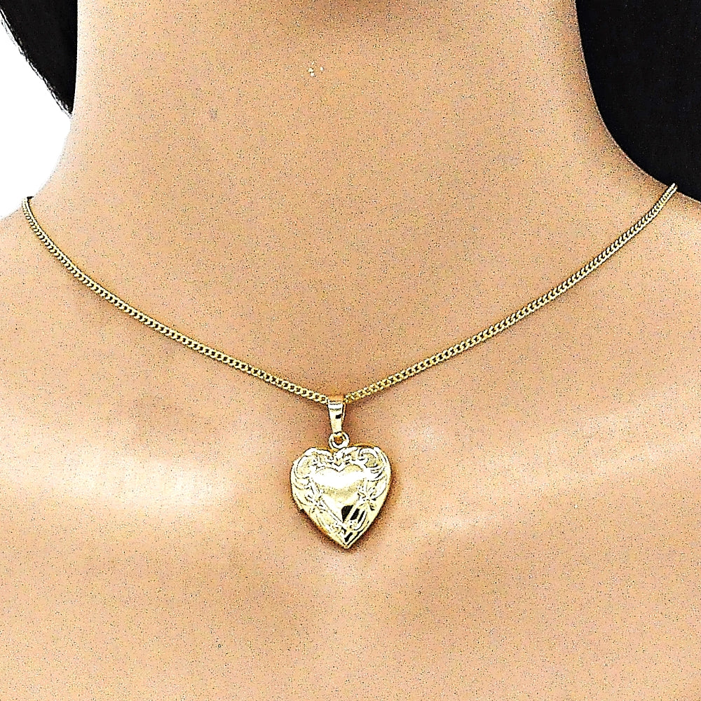 Oro Laminado Pendant Necklace, Gold Filled Style Heart and Flower Design, Polished, Golden Finish