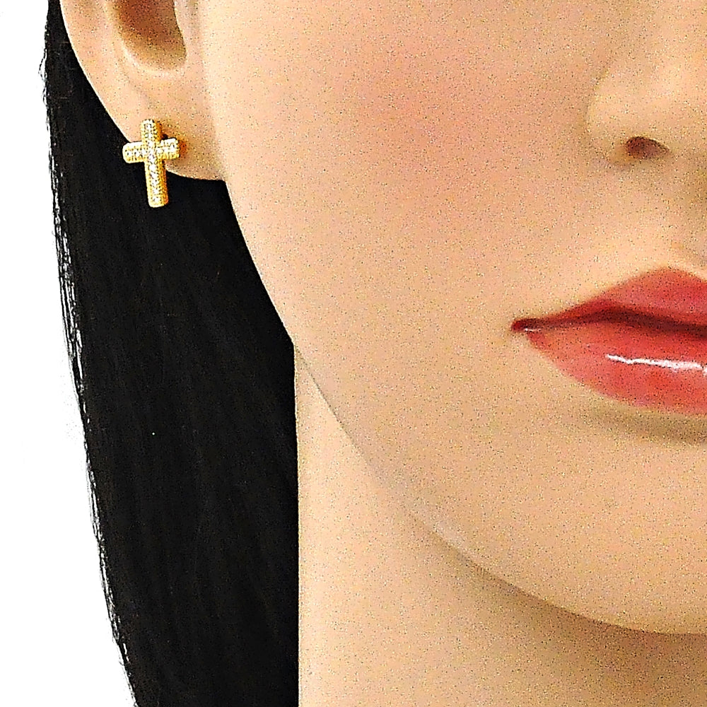 Oro Laminado Stud Earring, Gold Filled Style Cross Design, with White Micro Pave, Polished, Golden Finish