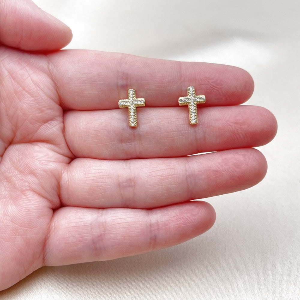 Oro Laminado Stud Earring, Gold Filled Style Cross Design, with White Micro Pave, Polished, Golden Finish