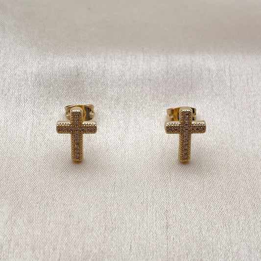 Oro Laminado Stud Earring, Gold Filled Style Cross Design, with White Micro Pave, Polished, Golden Finish