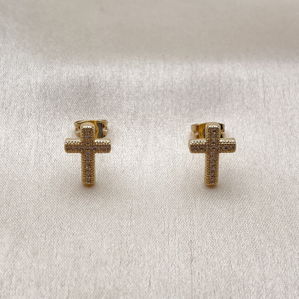 Oro Laminado Stud Earring, Gold Filled Style Cross Design, with White Micro Pave, Polished, Golden Finish