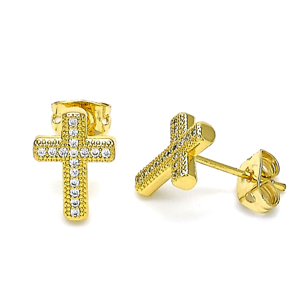Oro Laminado Stud Earring, Gold Filled Style Cross Design, with White Micro Pave, Polished, Golden Finish