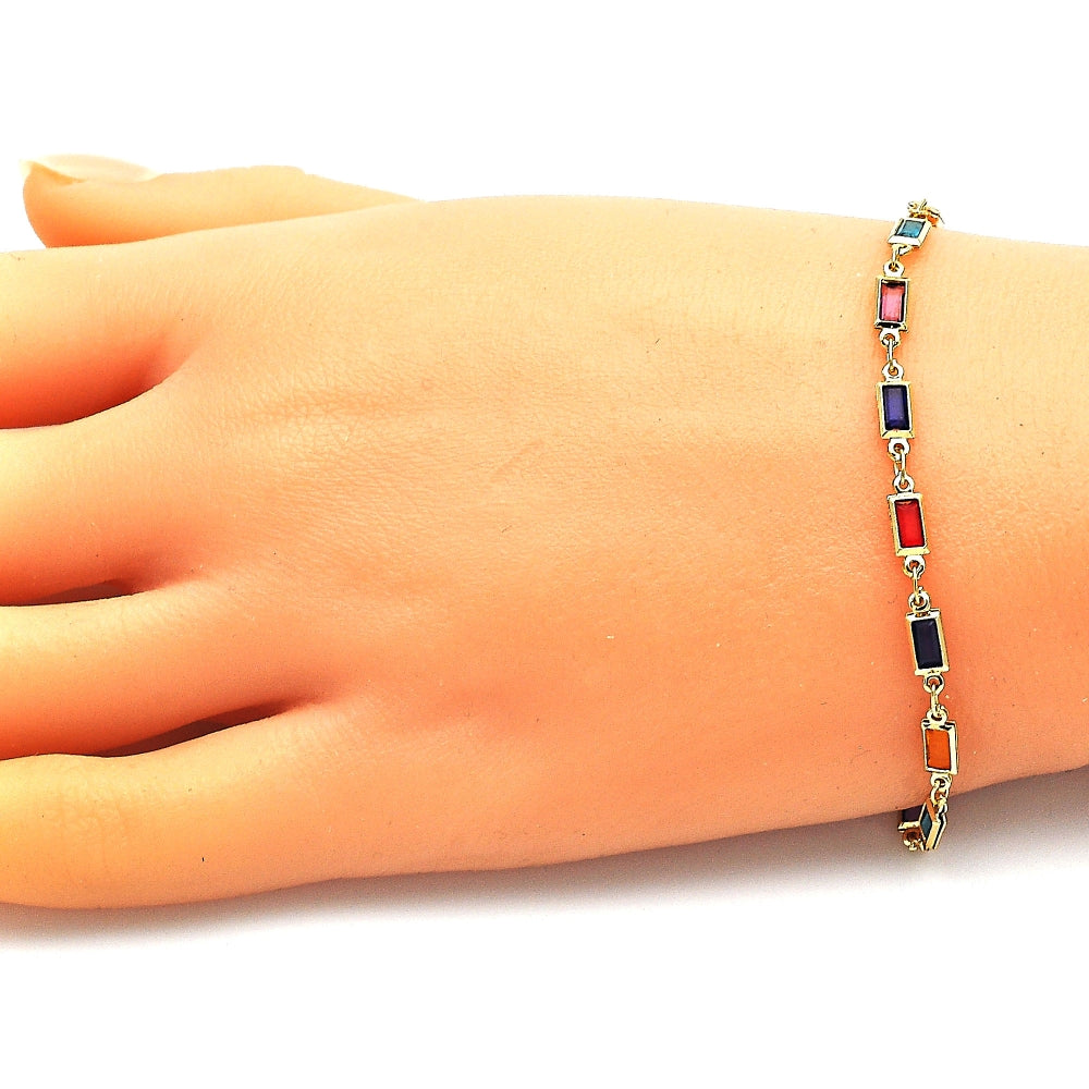 Oro Laminado Fancy Bracelet, Gold Filled Style with Multicolor Crystal, Polished, Golden Finish