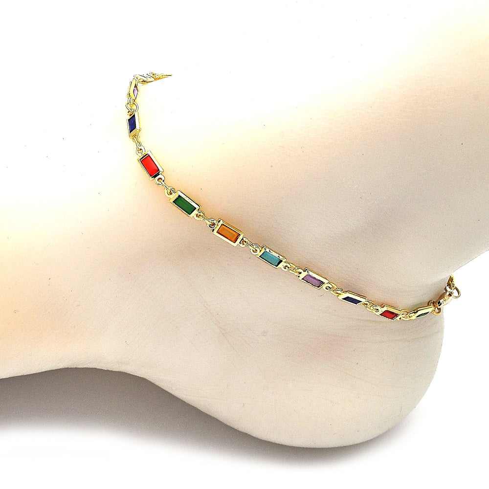 Oro Laminado Fancy Anklet, Gold Filled Style with Multicolor Crystal, Polished, Golden Finish