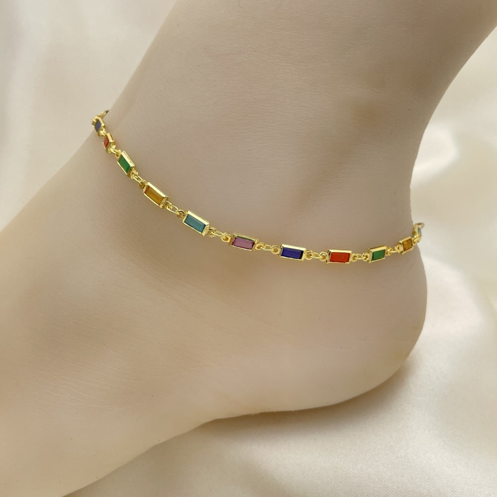 Oro Laminado Fancy Anklet, Gold Filled Style with Multicolor Crystal, Polished, Golden Finish