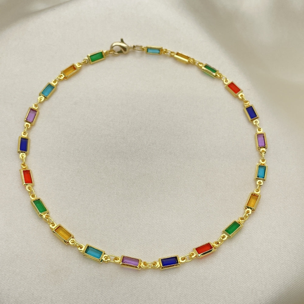Oro Laminado Fancy Anklet, Gold Filled Style with Multicolor Crystal, Polished, Golden Finish