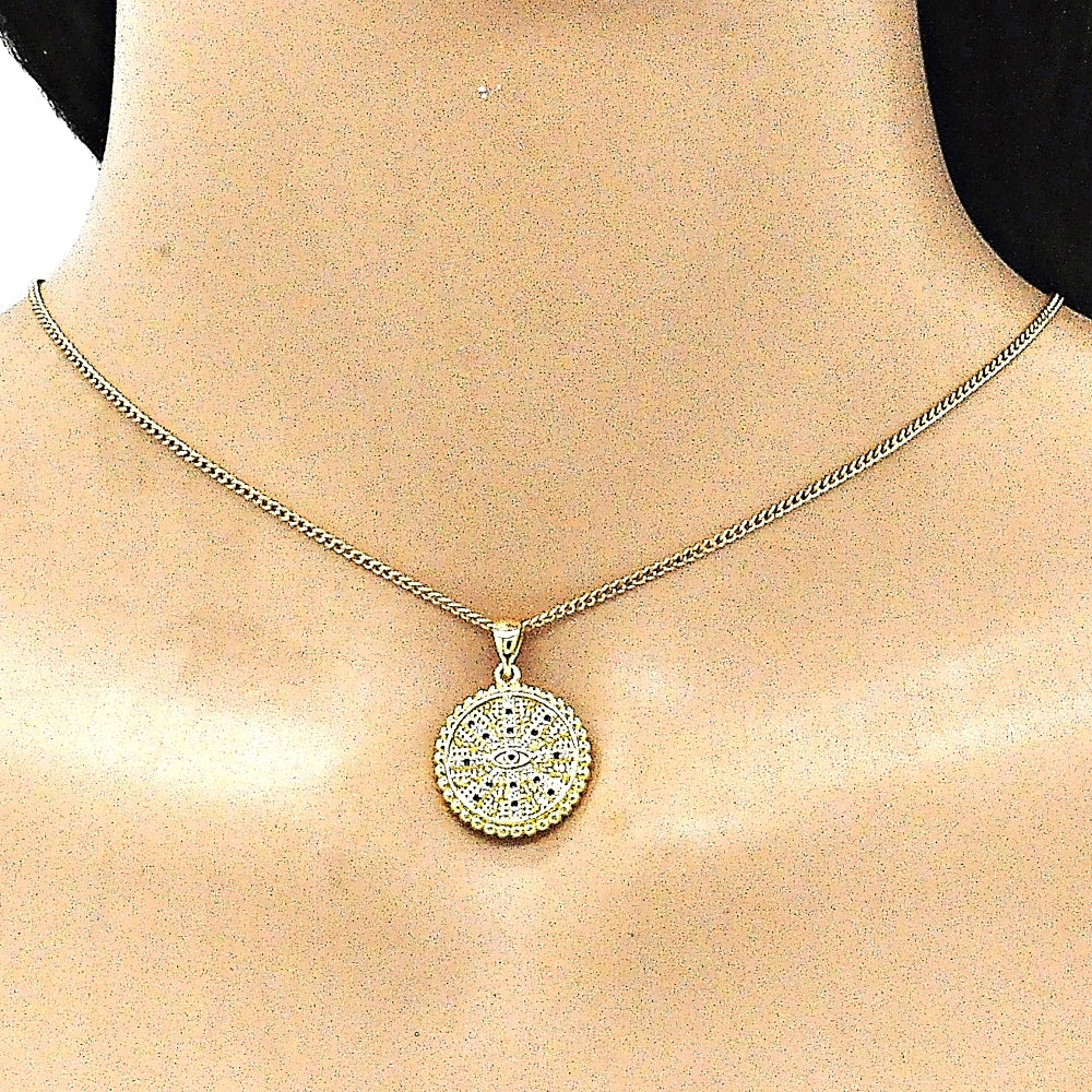 Oro Laminado Pendant Necklace, Gold Filled Style Evil Eye Design, with Sapphire Blue and White Micro Pave, Polished, Golden Finish