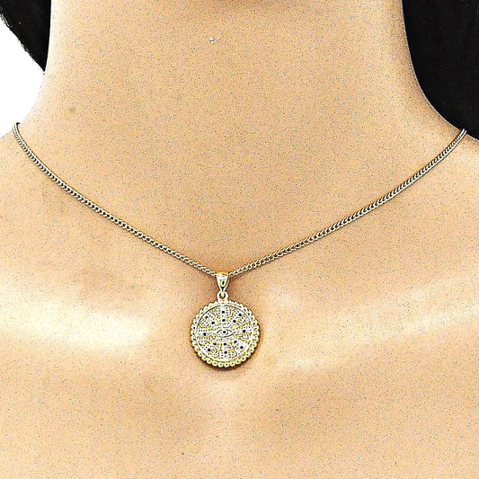 Oro Laminado Pendant Necklace, Gold Filled Style Evil Eye Design, with Sapphire Blue and White Micro Pave, Polished, Golden Finish