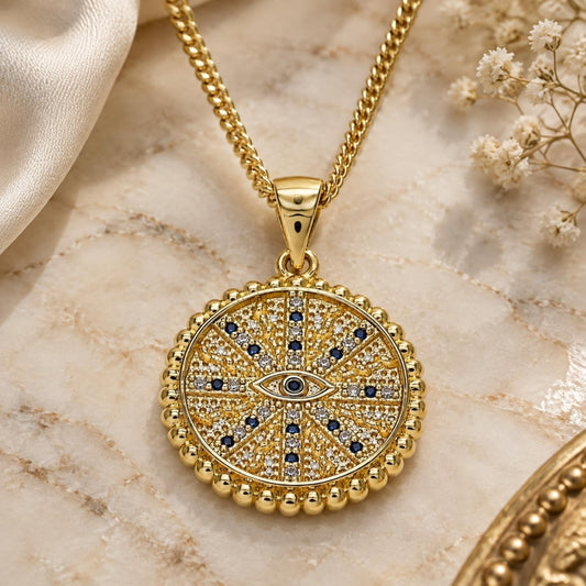 Oro Laminado Pendant Necklace, Gold Filled Style Evil Eye Design, with Sapphire Blue and White Micro Pave, Polished, Golden Finish