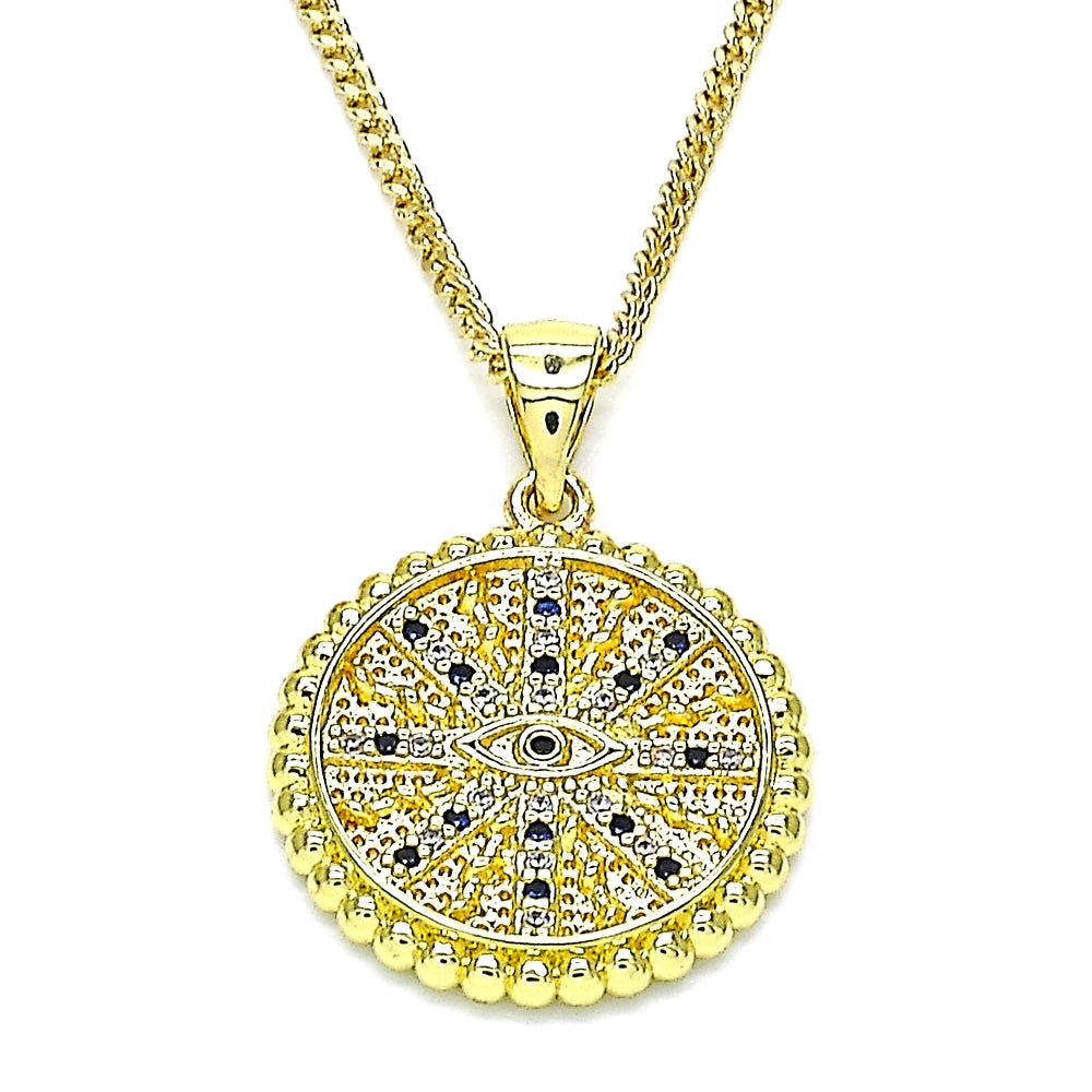 Oro Laminado Pendant Necklace, Gold Filled Style Evil Eye Design, with Sapphire Blue and White Micro Pave, Polished, Golden Finish