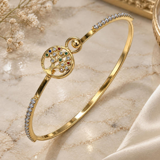 Oro Laminado Individual Bangle, Gold Filled Style Tree Design, with Multicolor Micro Pave and White Crystal, Polished, Golden Finish