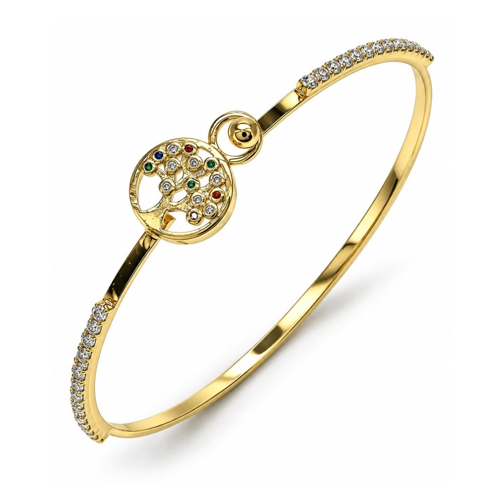 Oro Laminado Individual Bangle, Gold Filled Style Tree Design, with Multicolor Micro Pave and White Crystal, Polished, Golden Finish