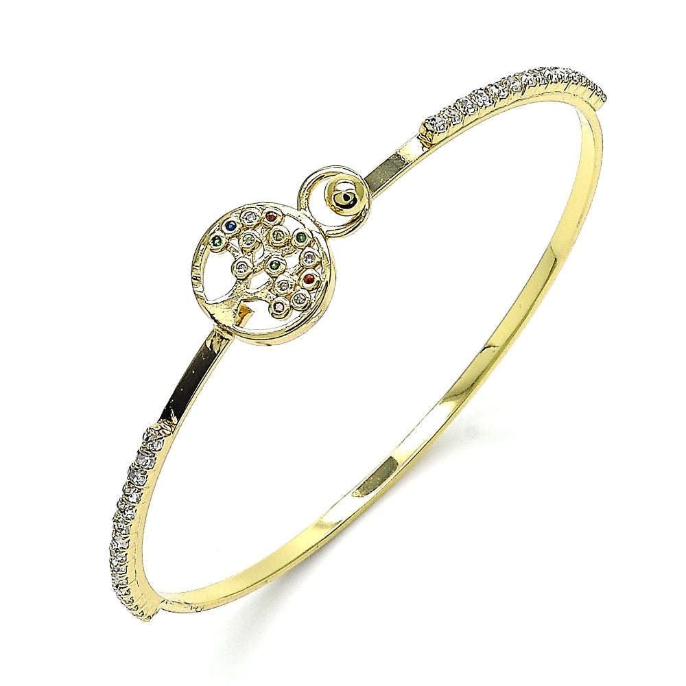 Oro Laminado Individual Bangle, Gold Filled Style Tree Design, with Multicolor Micro Pave and White Crystal, Polished, Golden Finish