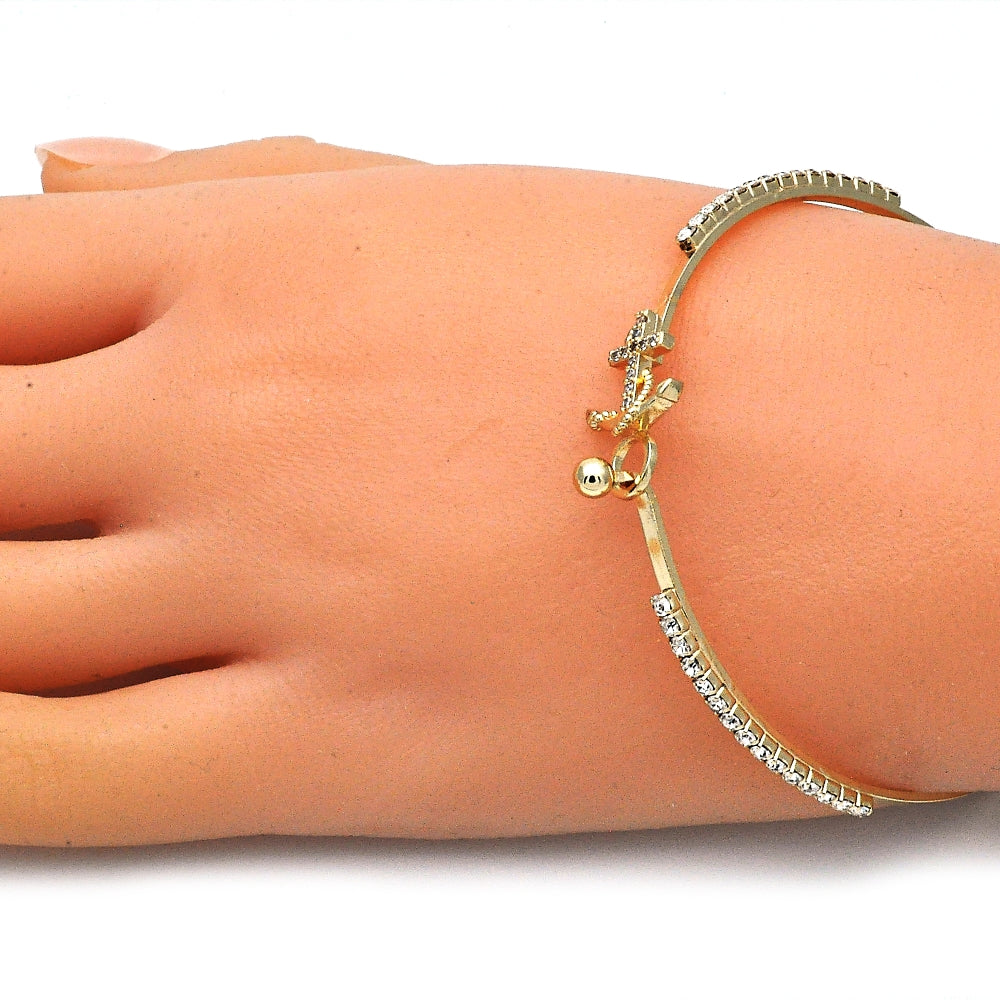 Oro Laminado Individual Bangle, Gold Filled Style Anchor Design, with White Micro Pave and White Crystal, Polished, Golden Finish