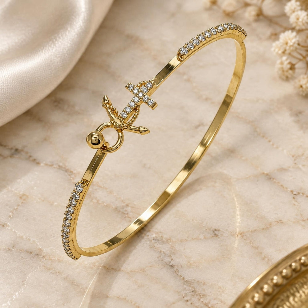Oro Laminado Individual Bangle, Gold Filled Style Anchor Design, with White Micro Pave and White Crystal, Polished, Golden Finish