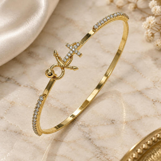 Oro Laminado Individual Bangle, Gold Filled Style Anchor Design, with White Micro Pave and White Crystal, Polished, Golden Finish