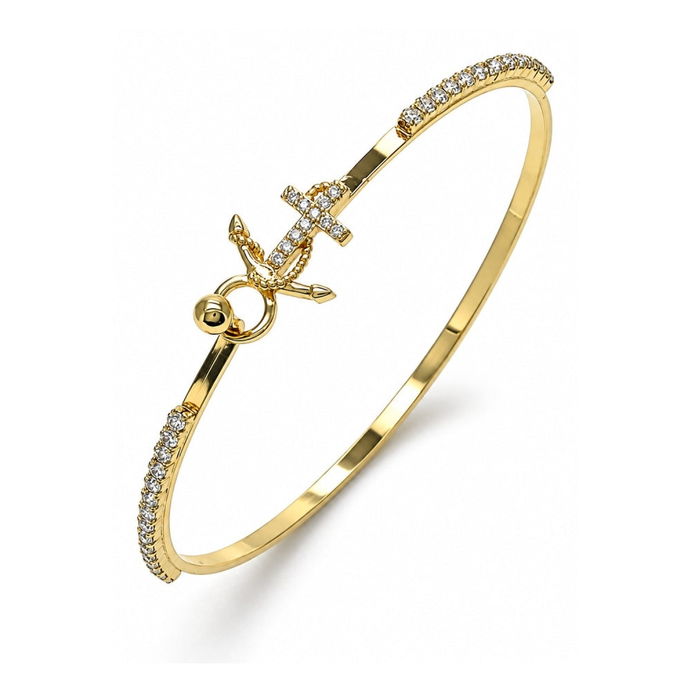 Oro Laminado Individual Bangle, Gold Filled Style Anchor Design, with White Micro Pave and White Crystal, Polished, Golden Finish