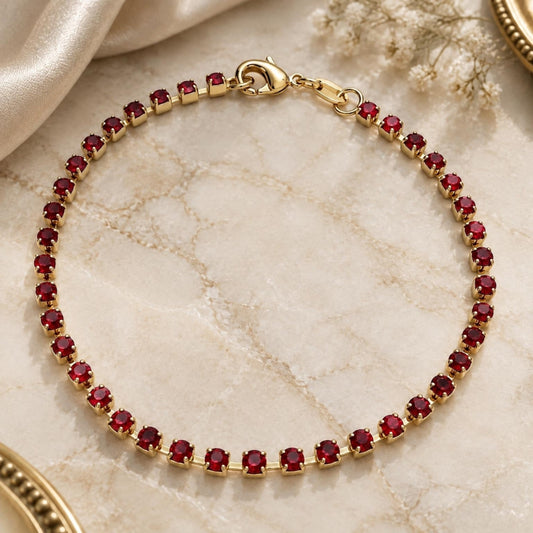 Oro Laminado Tennis Bracelet, Gold Filled Style with Garnet Cubic Zirconia, Polished, Golden Finish