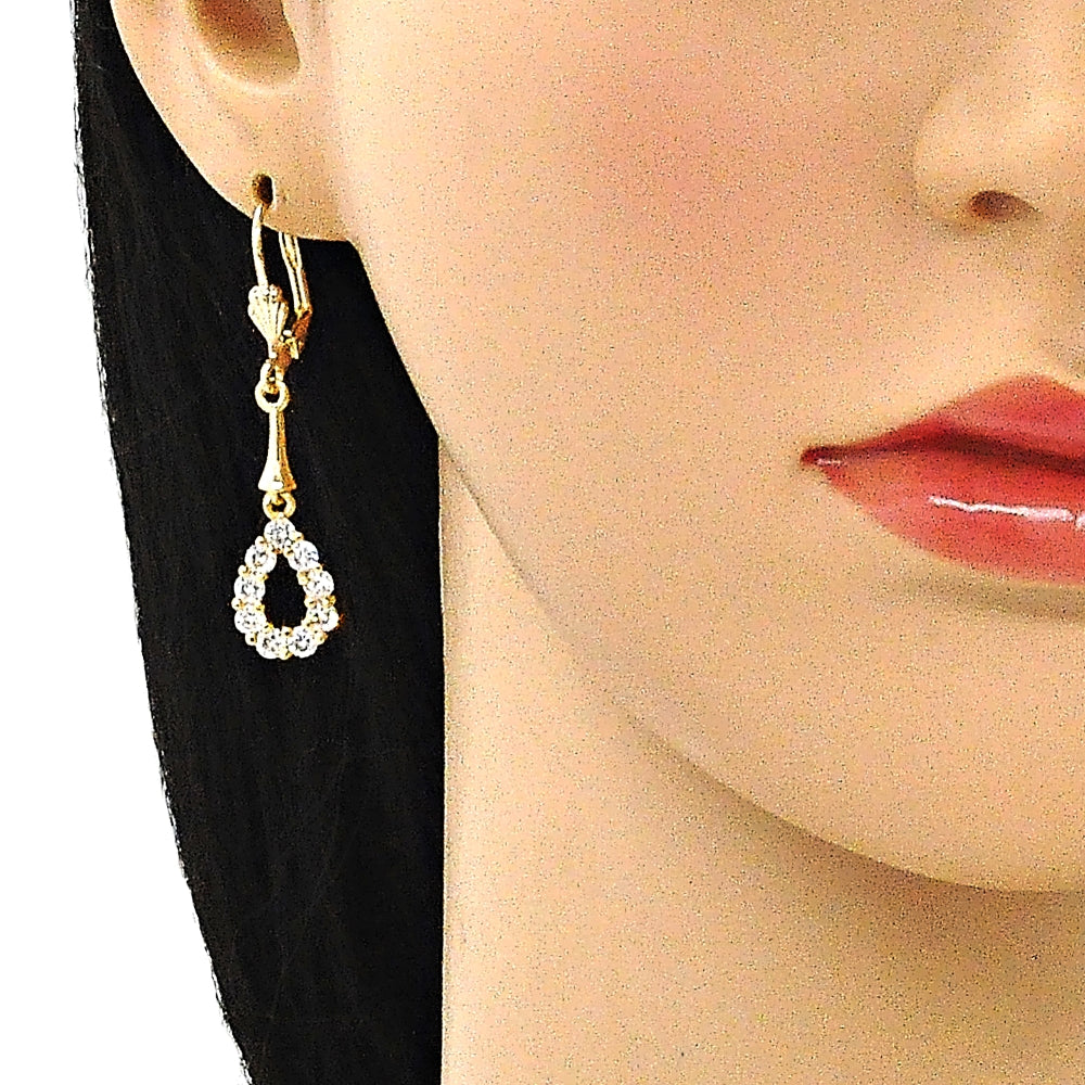 Oro Laminado Long Earring, Gold Filled Style Teardrop Design, with White Cubic Zirconia, Polished, Golden Finish