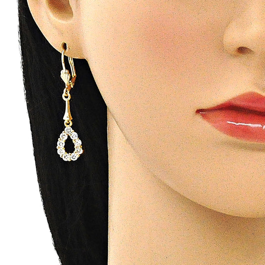 Oro Laminado Long Earring, Gold Filled Style Teardrop Design, with White Cubic Zirconia, Polished, Golden Finish