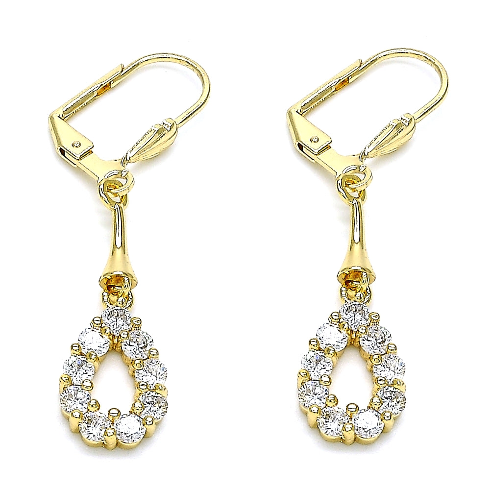 Oro Laminado Long Earring, Gold Filled Style Teardrop Design, with White Cubic Zirconia, Polished, Golden Finish