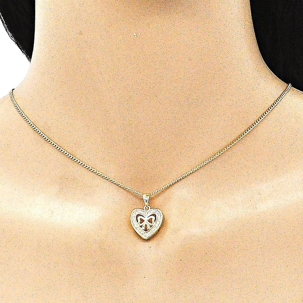 Oro Laminado Pendant Necklace, Gold Filled Style Heart and Bow Design, with White Micro Pave, Polished, Golden Finish