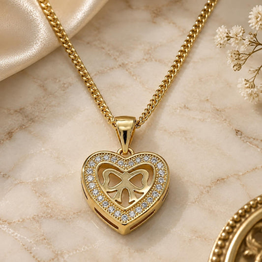 Oro Laminado Pendant Necklace, Gold Filled Style Heart and Bow Design, with White Micro Pave, Polished, Golden Finish