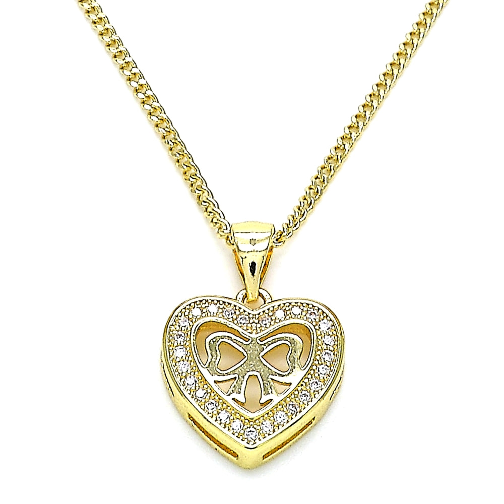 Oro Laminado Pendant Necklace, Gold Filled Style Heart and Bow Design, with White Micro Pave, Polished, Golden Finish